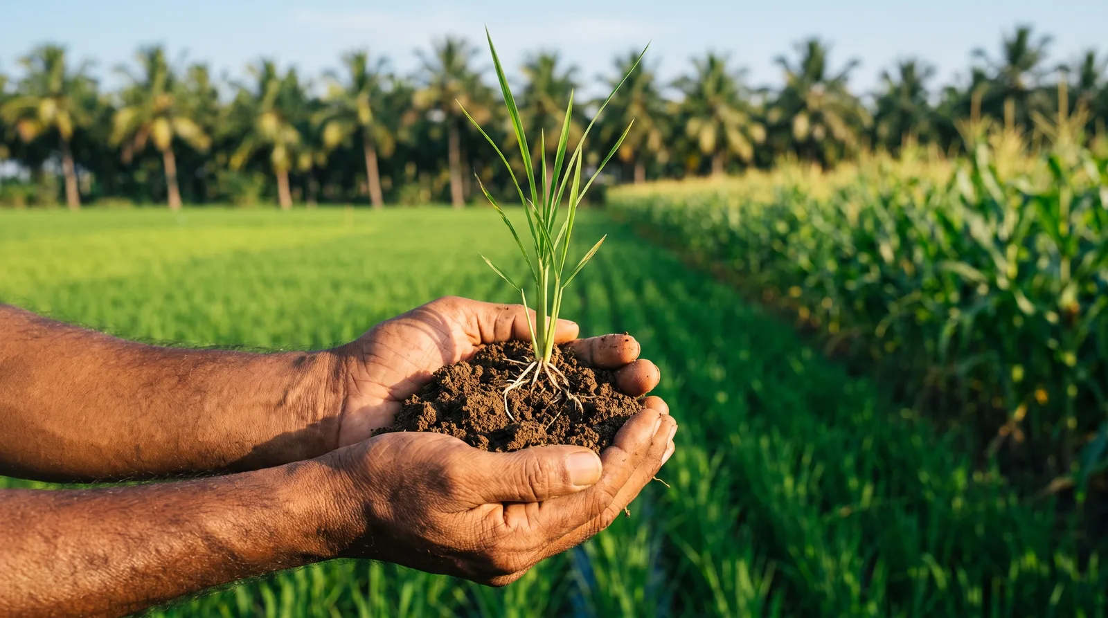 A farmer’s hands holding healthy soil and a rooted seedling beside green paddy and maize fields