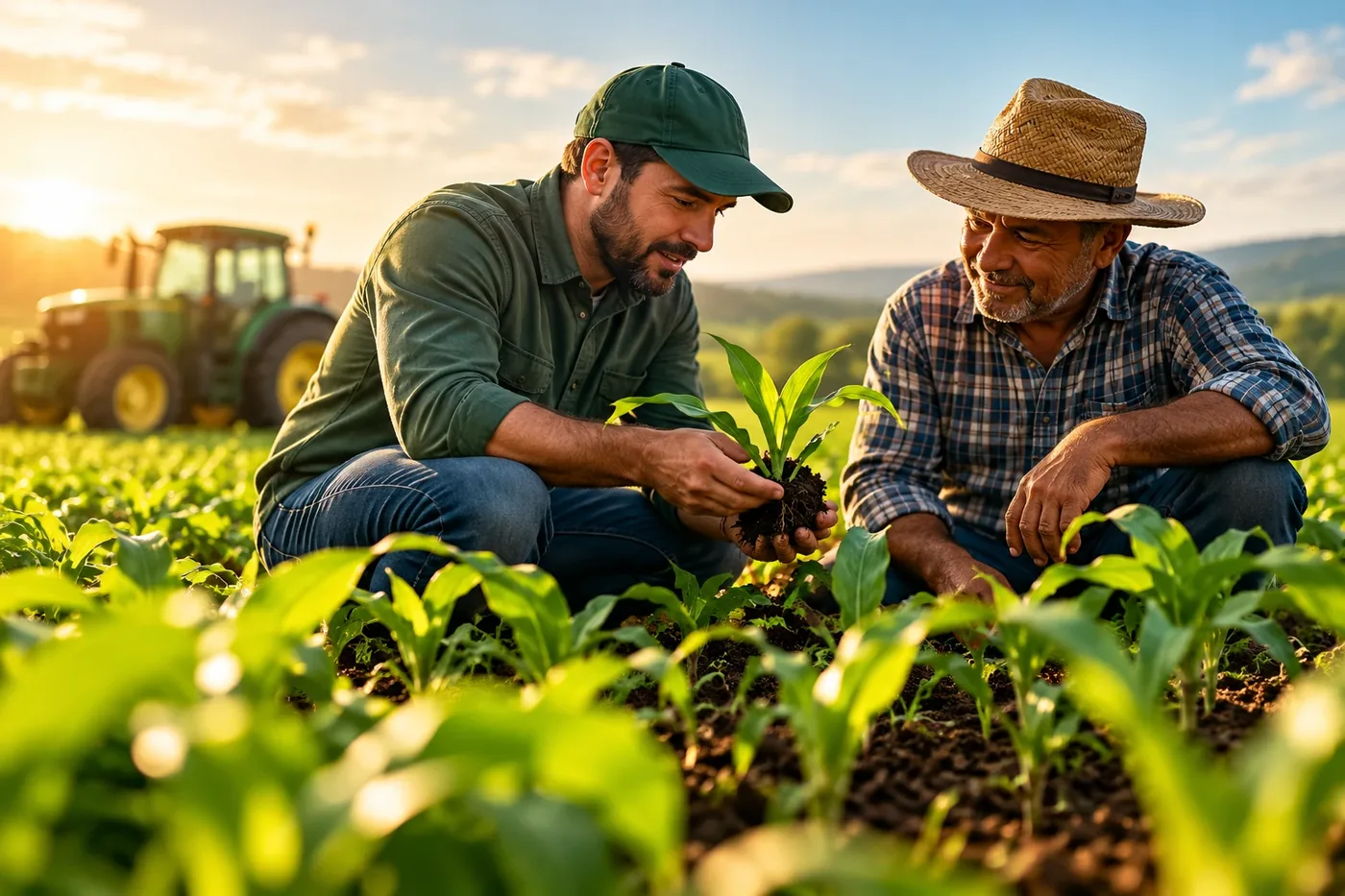 An agronomist and a farmer inspecting a young crop in the field