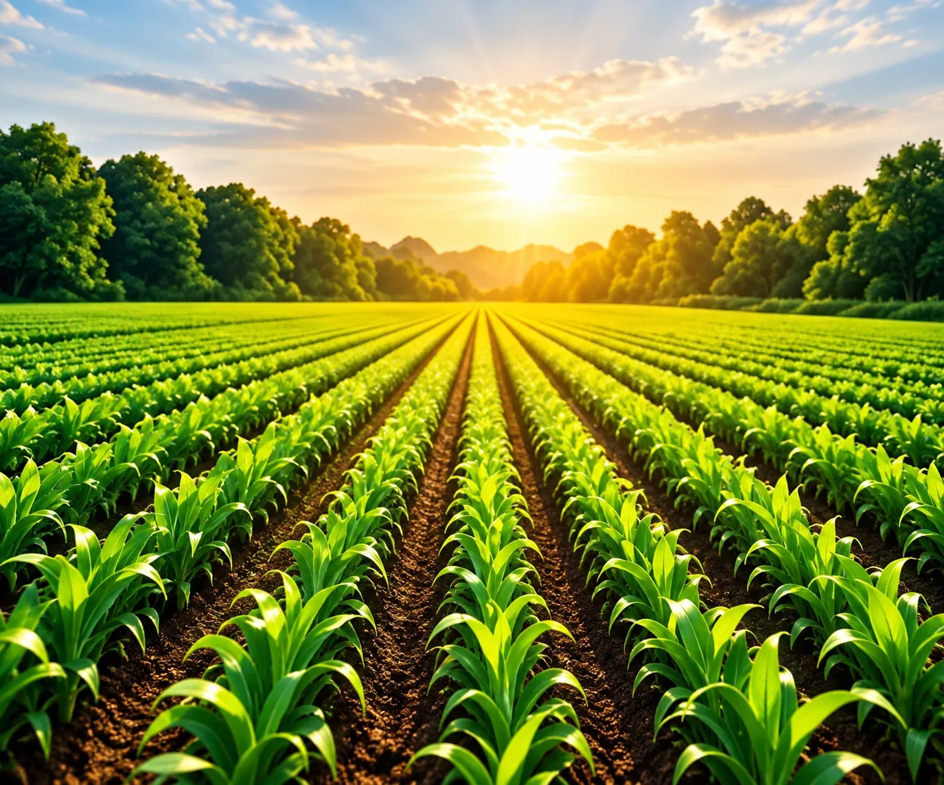 Rows of healthy crops stretching towards the sunrise