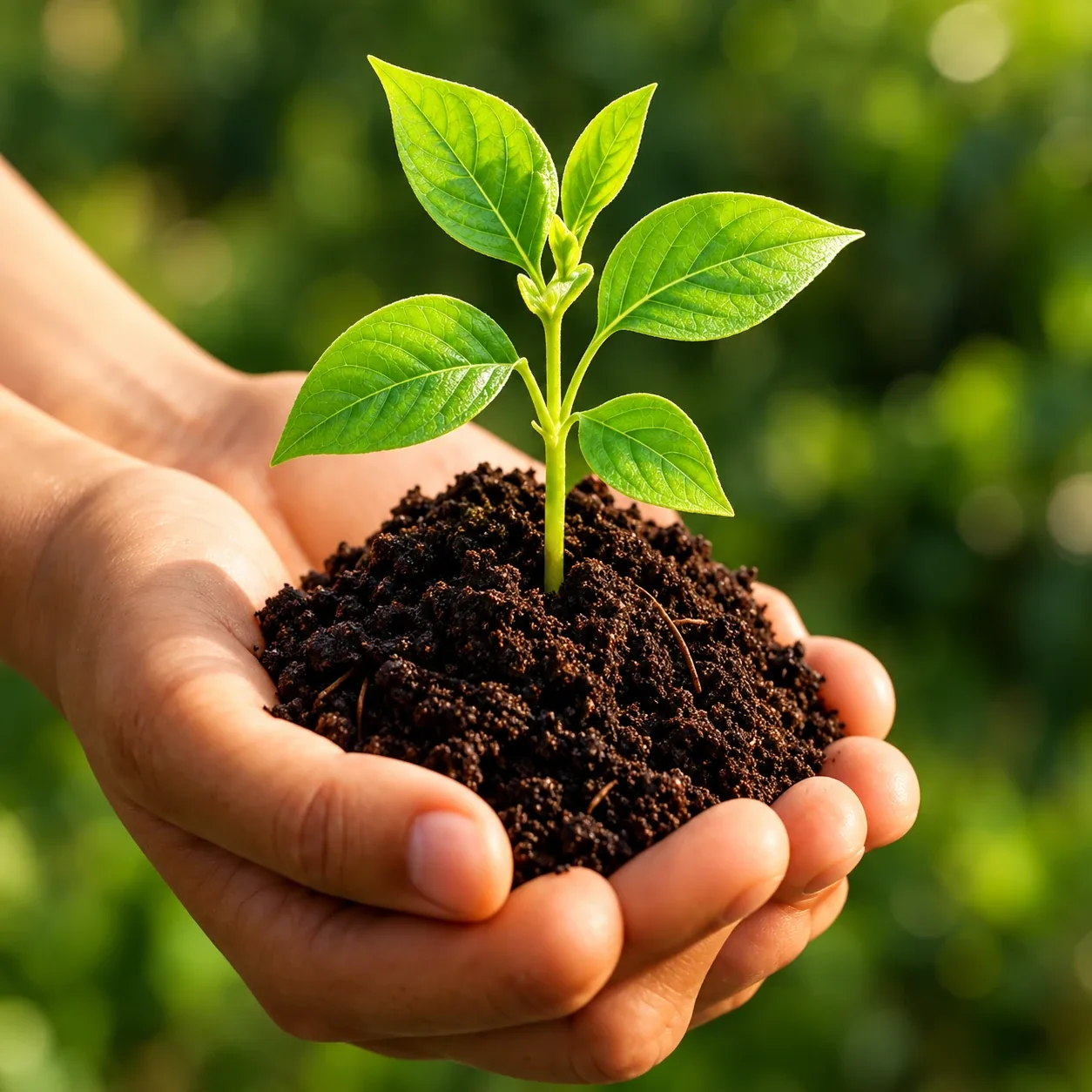 Hands holding a young plant in a handful of healthy soil