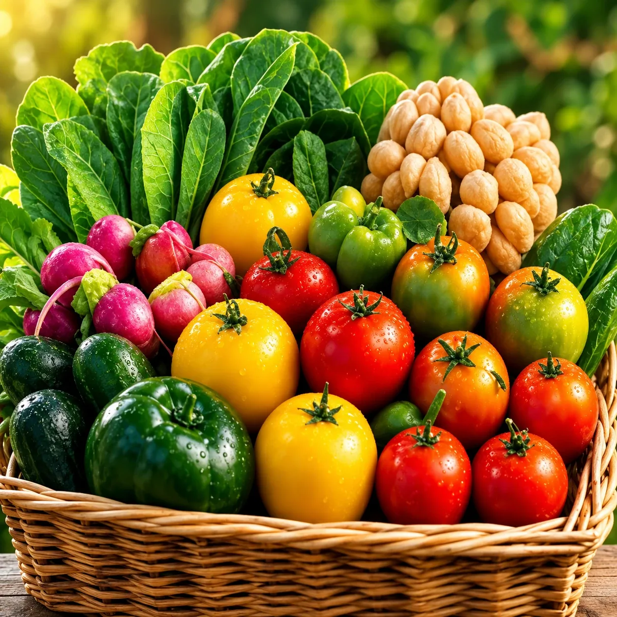 A basket of fresh, colourful vegetables