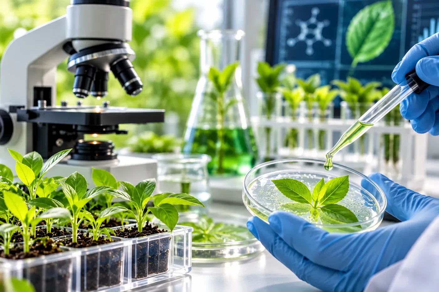 A researcher testing a plant sample in the laboratory, with a microscope and seedlings on the bench
