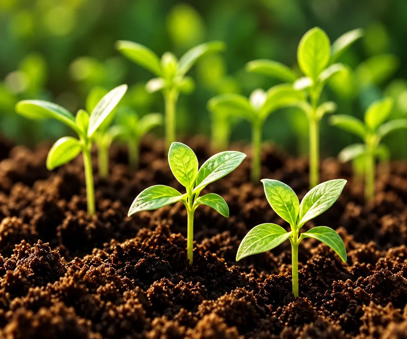 Young seedlings emerging from rich, dark soil