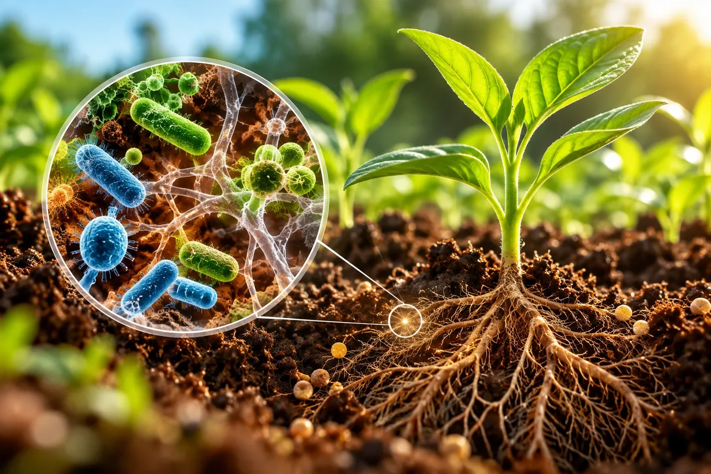 Magnified view of beneficial soil microbes around plant roots