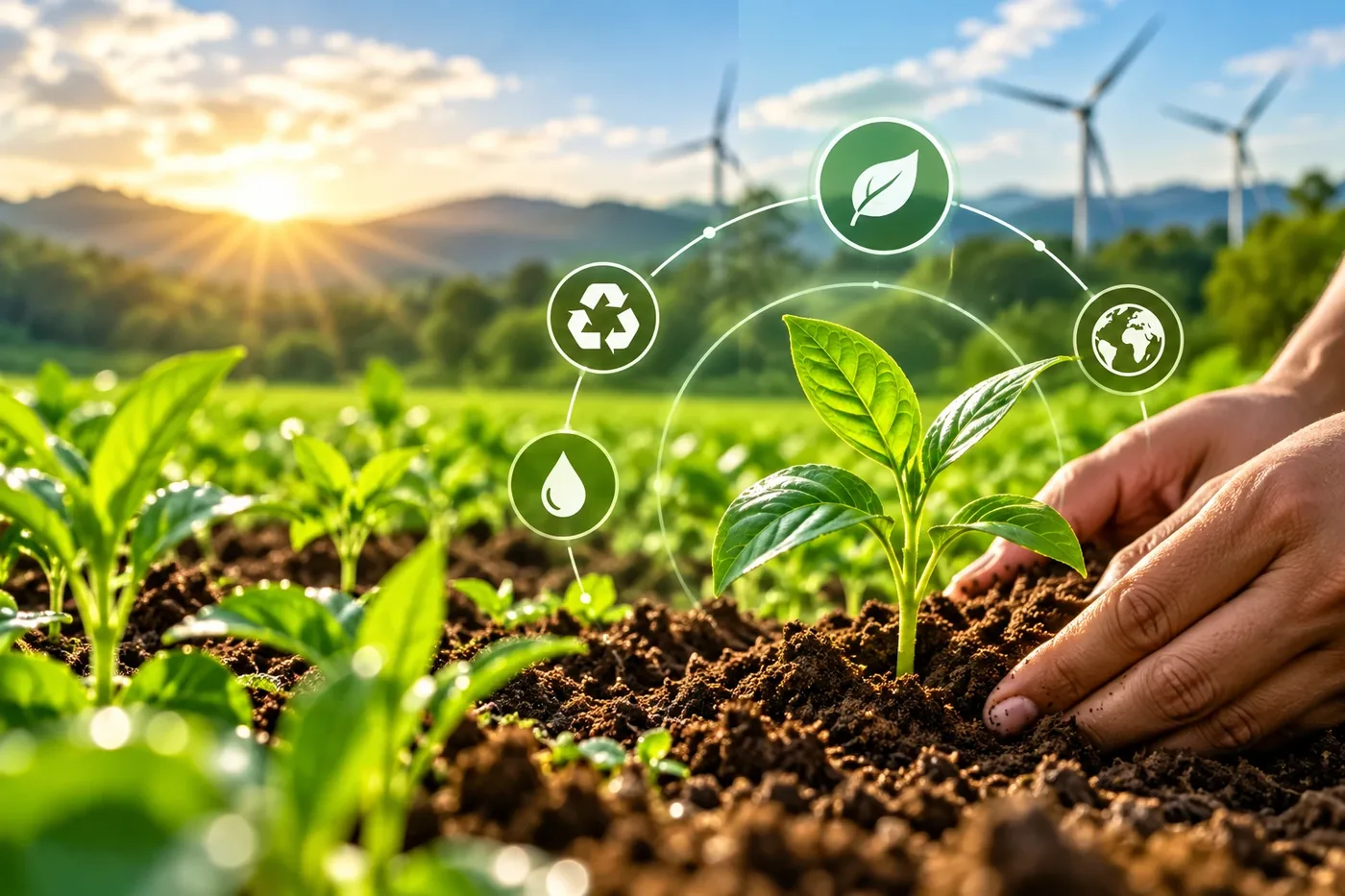 Hands planting a seedling in a green field with sustainability icons
